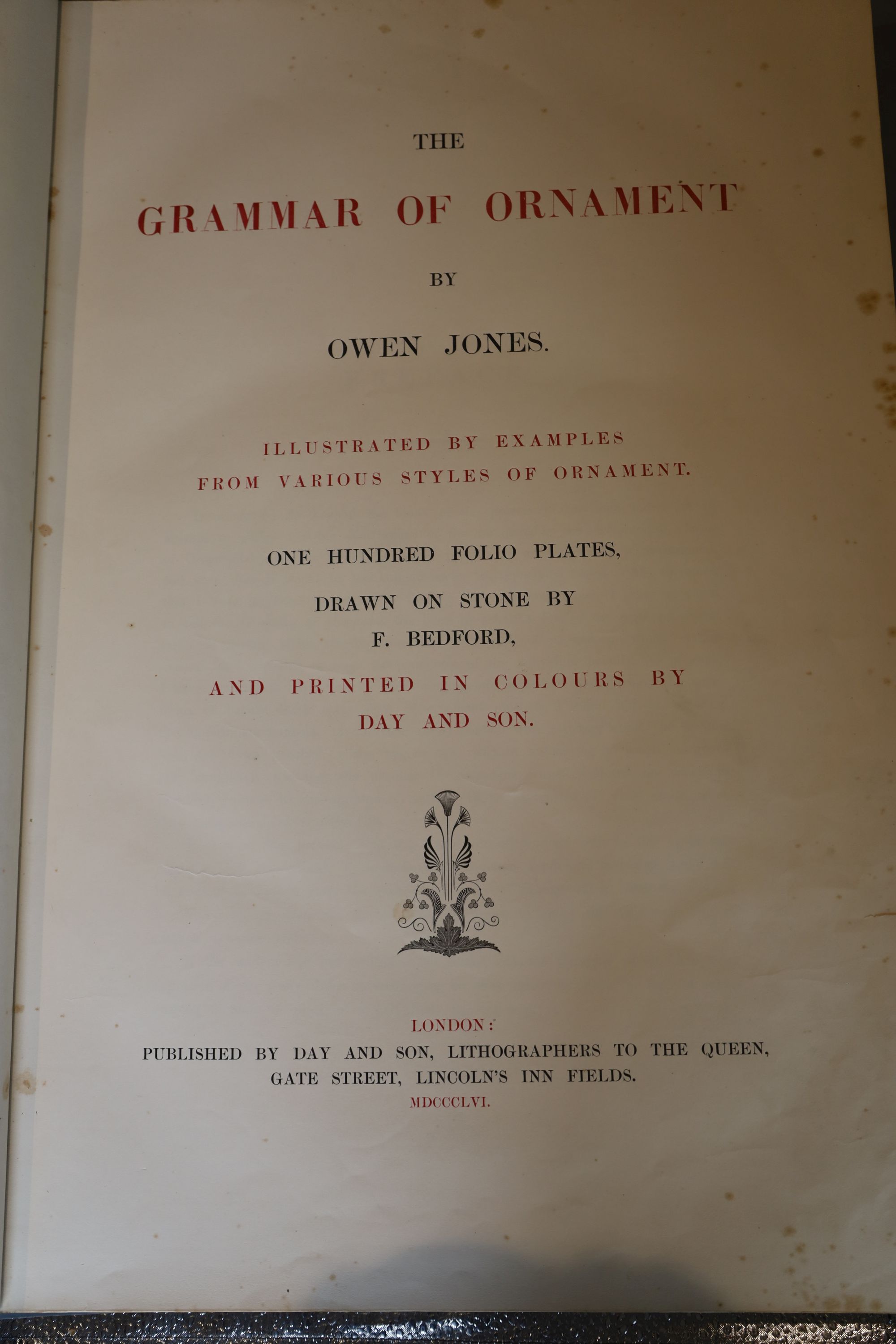 Jones, Owen - The Grammar of Ornament, 1st folio edition, contemporary half morocco gilt, with ornamental gilt panel on upper